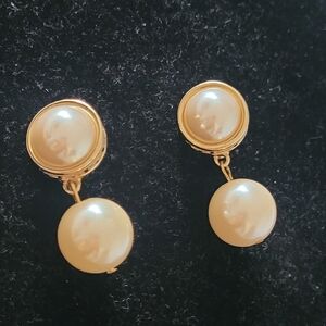 Vintage  GIVENCHY Logo Goldtone Large  Faux Pearl Drop Earrings